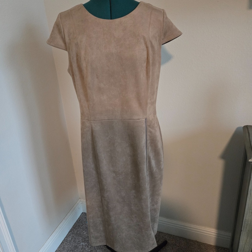JM Studio A-line Dress Womens 12 Beige Suede Cap Sleeve Zip